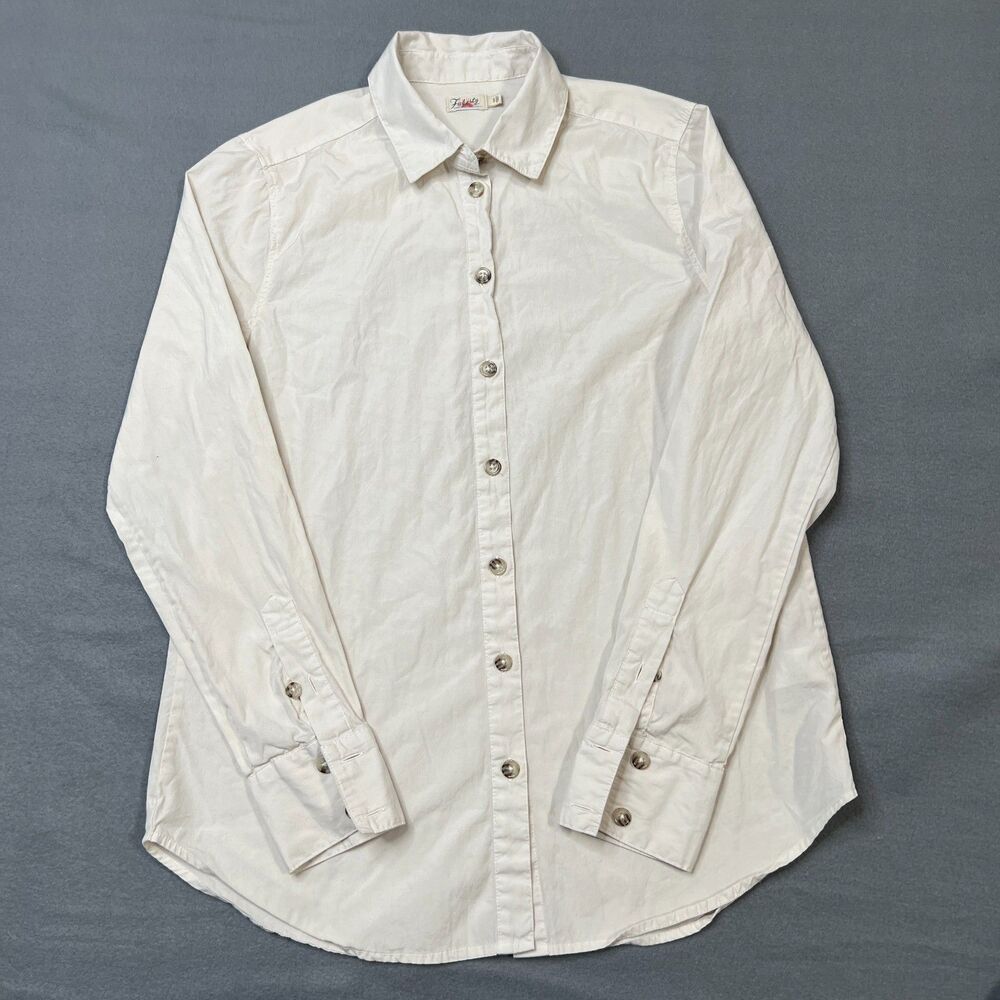 Faherty Shirt Women's S Cream 100% Cotton Collared Long Sleeve Classic Button-Up